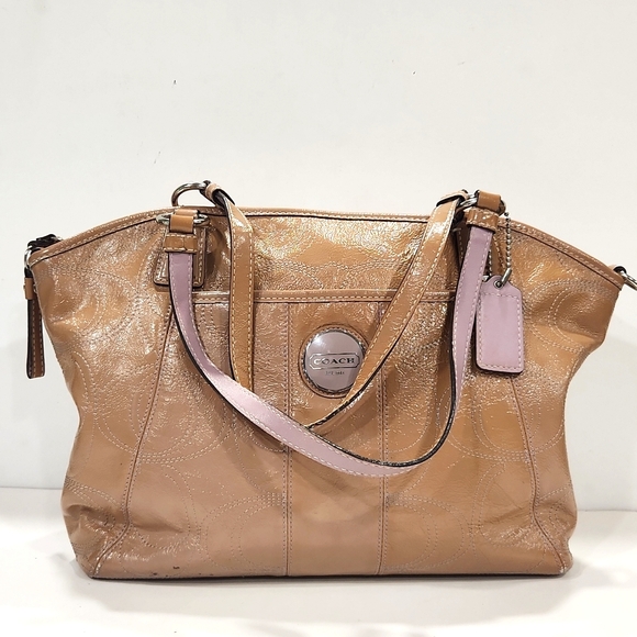 Coach Signature Stitch Patent Leather Tan with Lavender Large Tote Bag - Picture 16 of 16